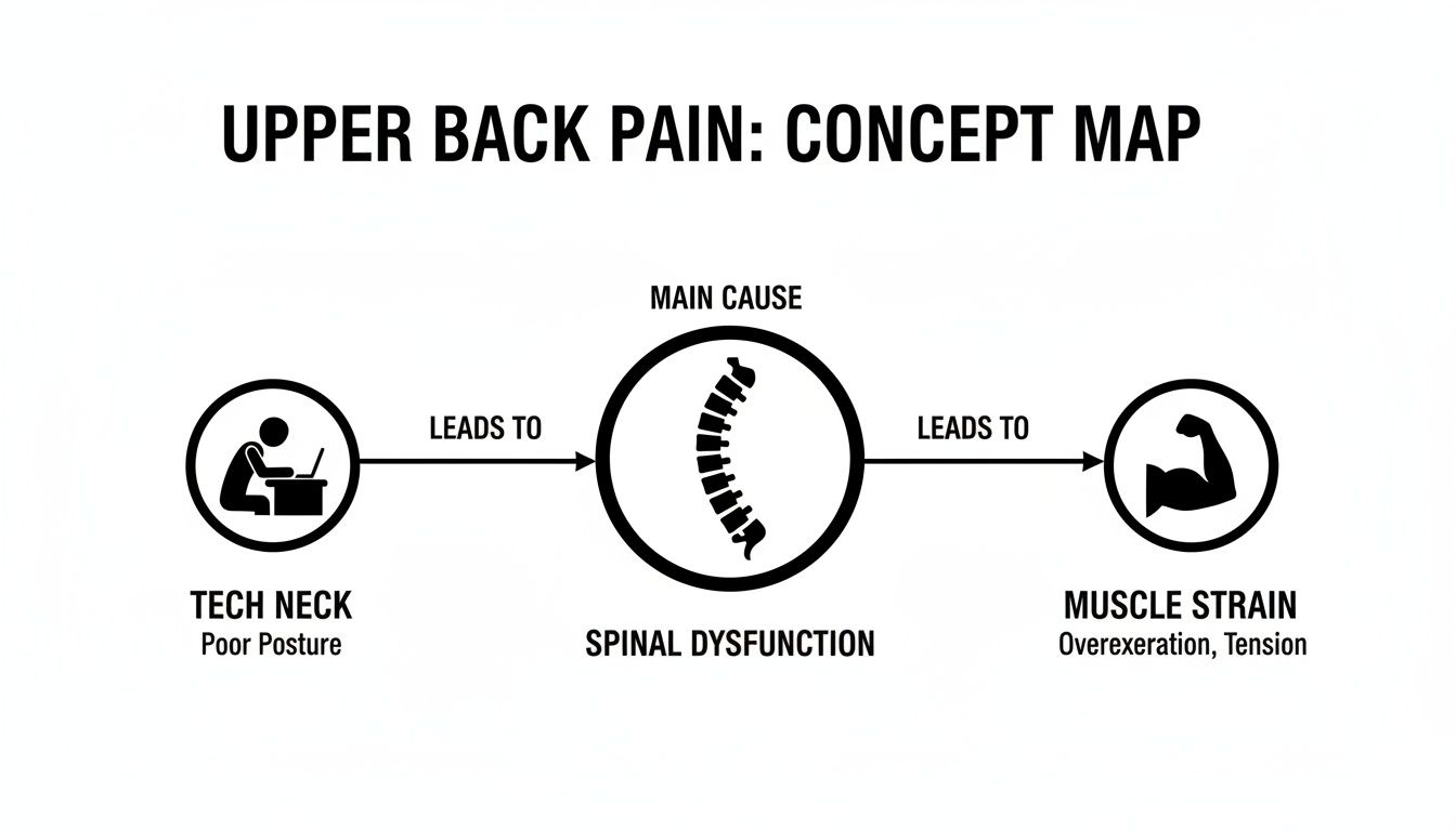 Concept map illustrating how tech neck and poor posture lead to spinal dysfunction and muscle strain.