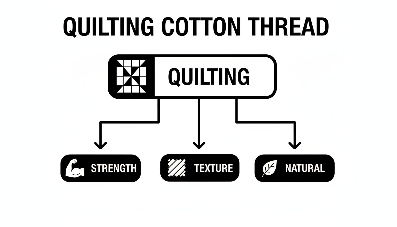 A black and white diagram outlining key properties of quilting cotton thread: strength, texture, and natural.
