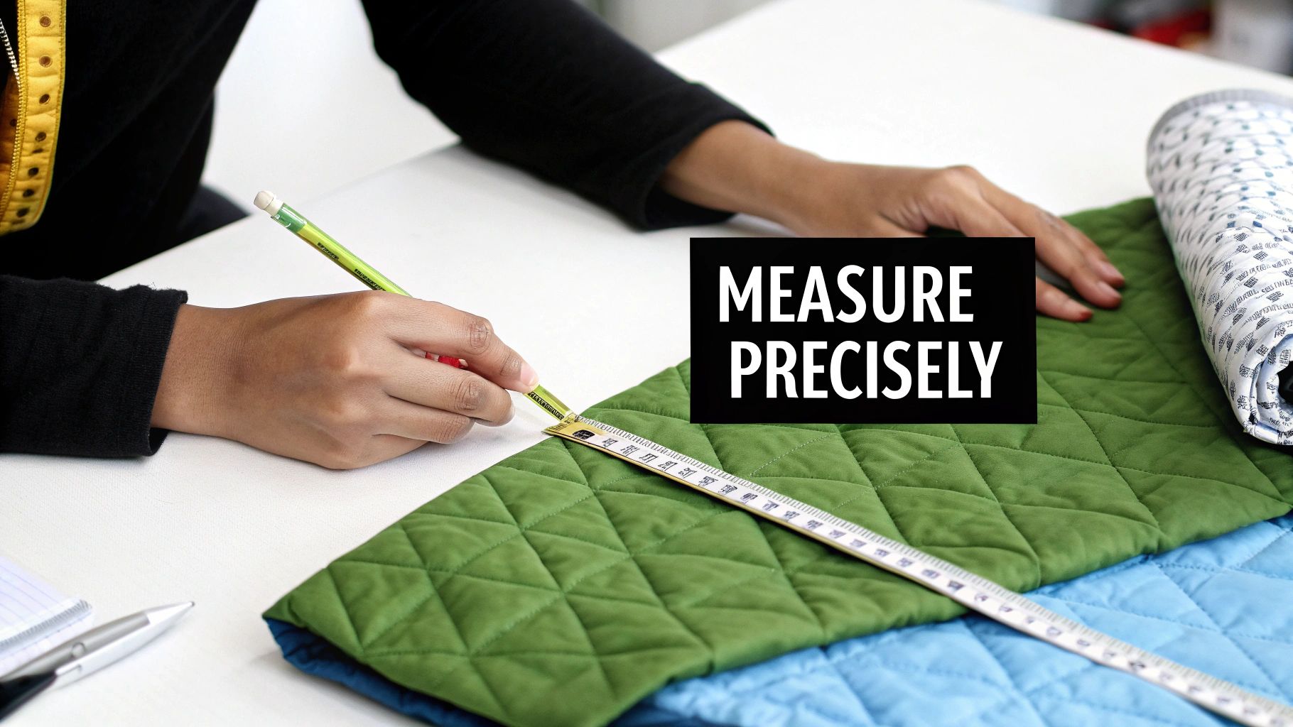 A person's hands using a ruler and pencil to precisely measure green quilted fabric for a project.