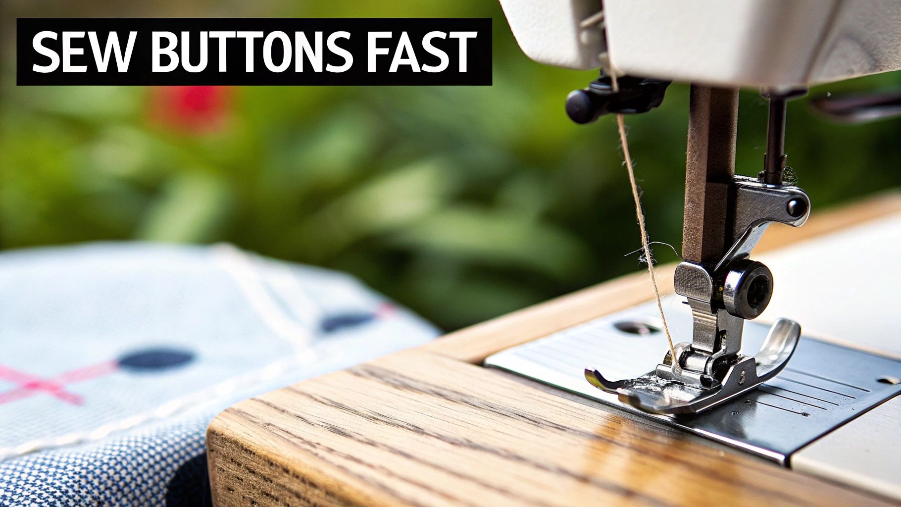 A sewing machine needle positioned over a button on blue fabric.