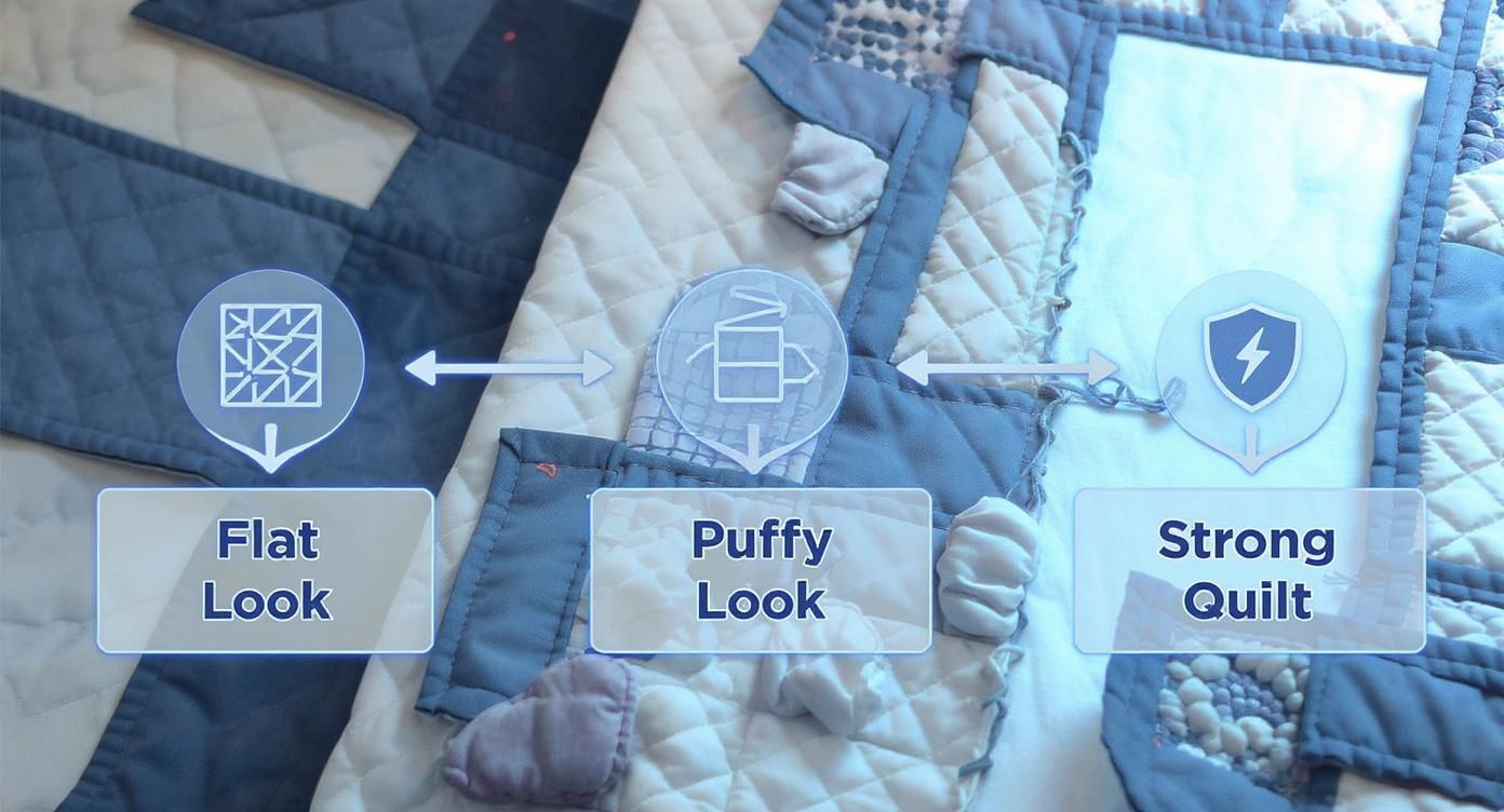 Visual guide showing three different quilt looks: flat, puffy, and strong, with descriptive icons.