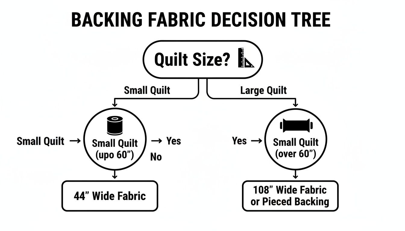 Decision tree diagram for selecting quilt backing fabric based on quilt size, showing 44-inch or 108-inch fabric options.