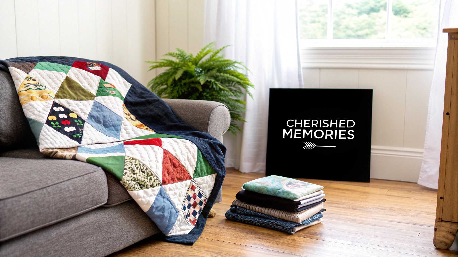 A vibrant patchwork T-shirt quilt draped over a grey sofa, beside a 'Cherished Memories' sign.