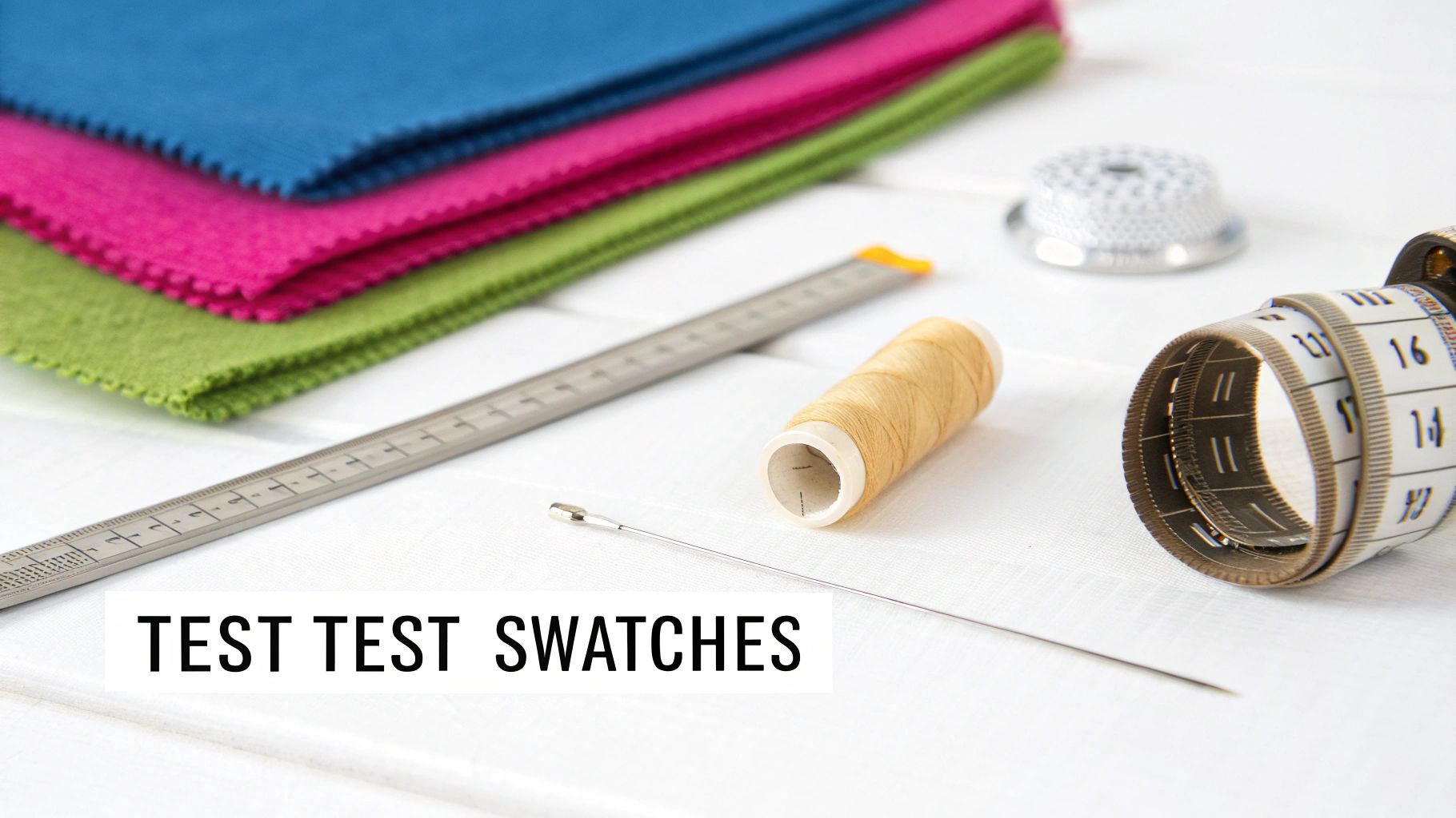 A sewist examining a test stitch on a piece of fabric to check for balanced tension.