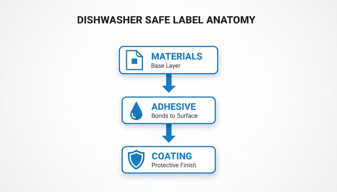 Diagram illustrating the three layers of a dishwasher safe label: materials, adhesive, and coating.