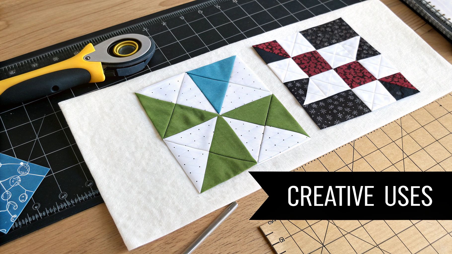 A beautifully patterned quilt made from various fabric squares, draped over a wooden chair.