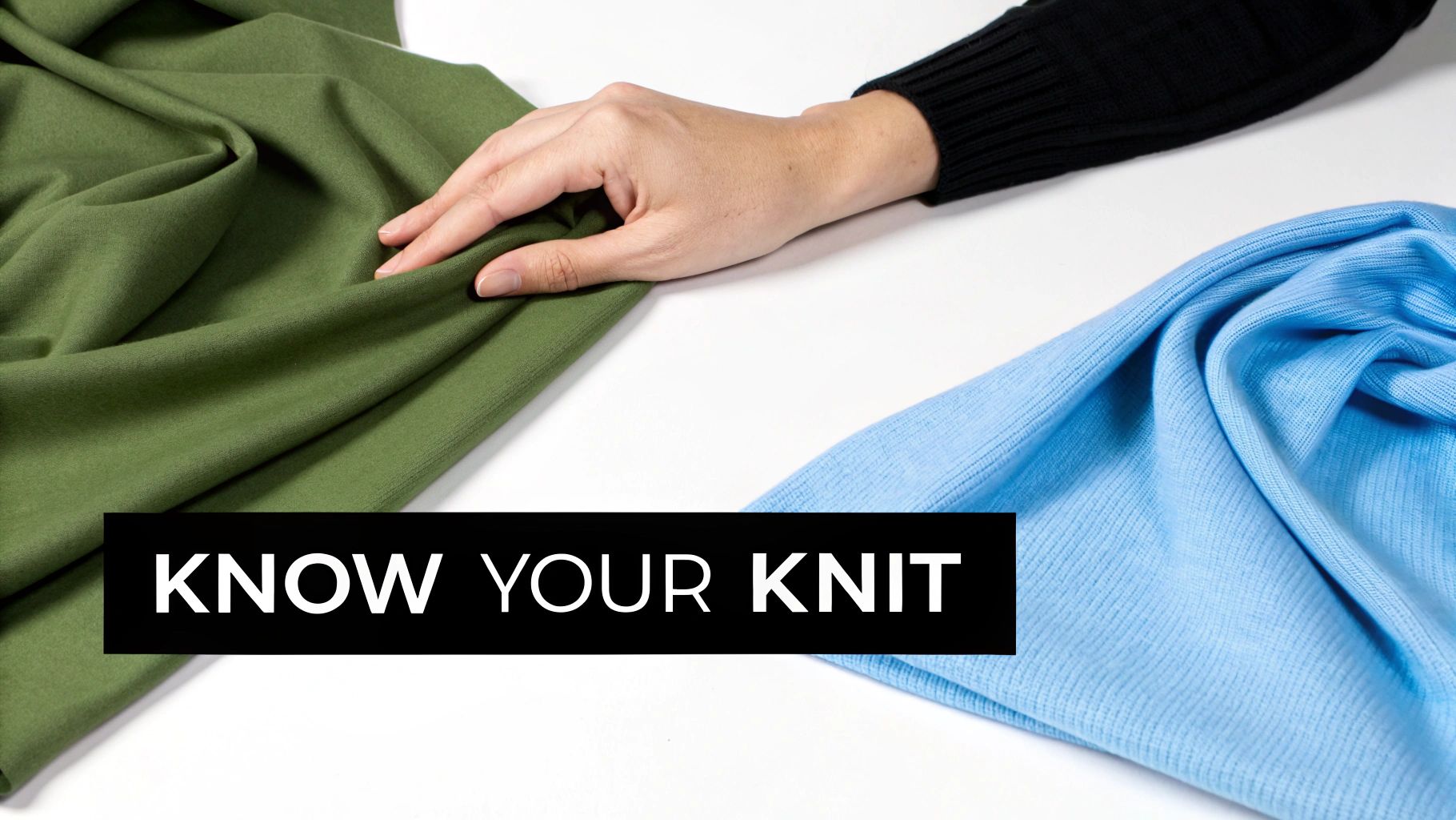 A hand touches soft green and blue knit fabrics on a white surface, with "KNOW YOUR KNIT" text overlay.