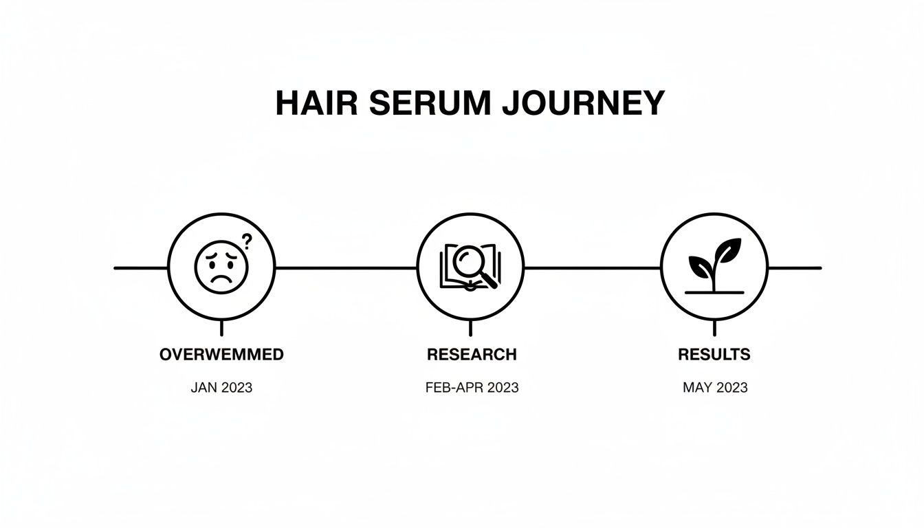 A timeline graphic illustrating a hair serum journey from feeling overwhelmed to research and positive results.