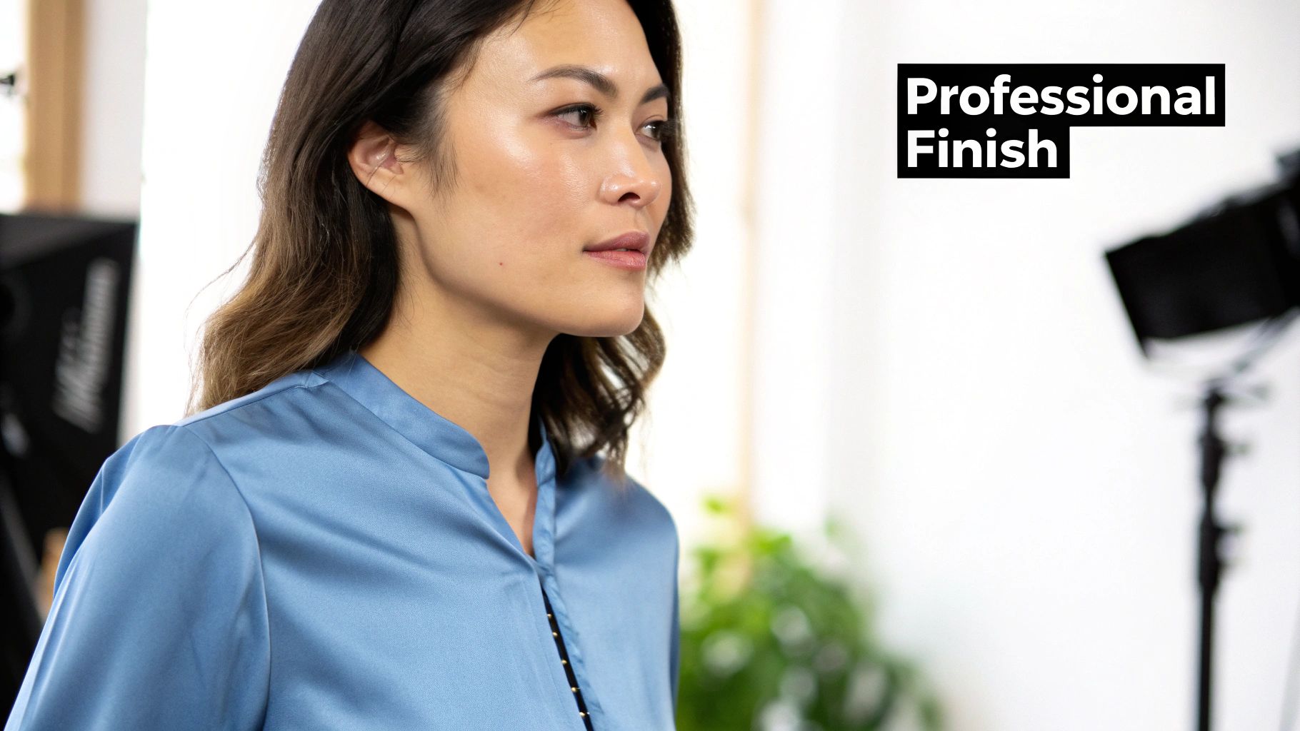 A woman in a blue satin shirt, professionally lit, with a text overlay 'Professional Finish'.
