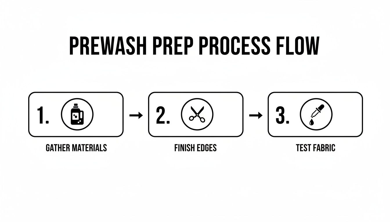 A flowchart outlining the prewash prep process with steps for gathering materials, finishing edges, and testing fabric.