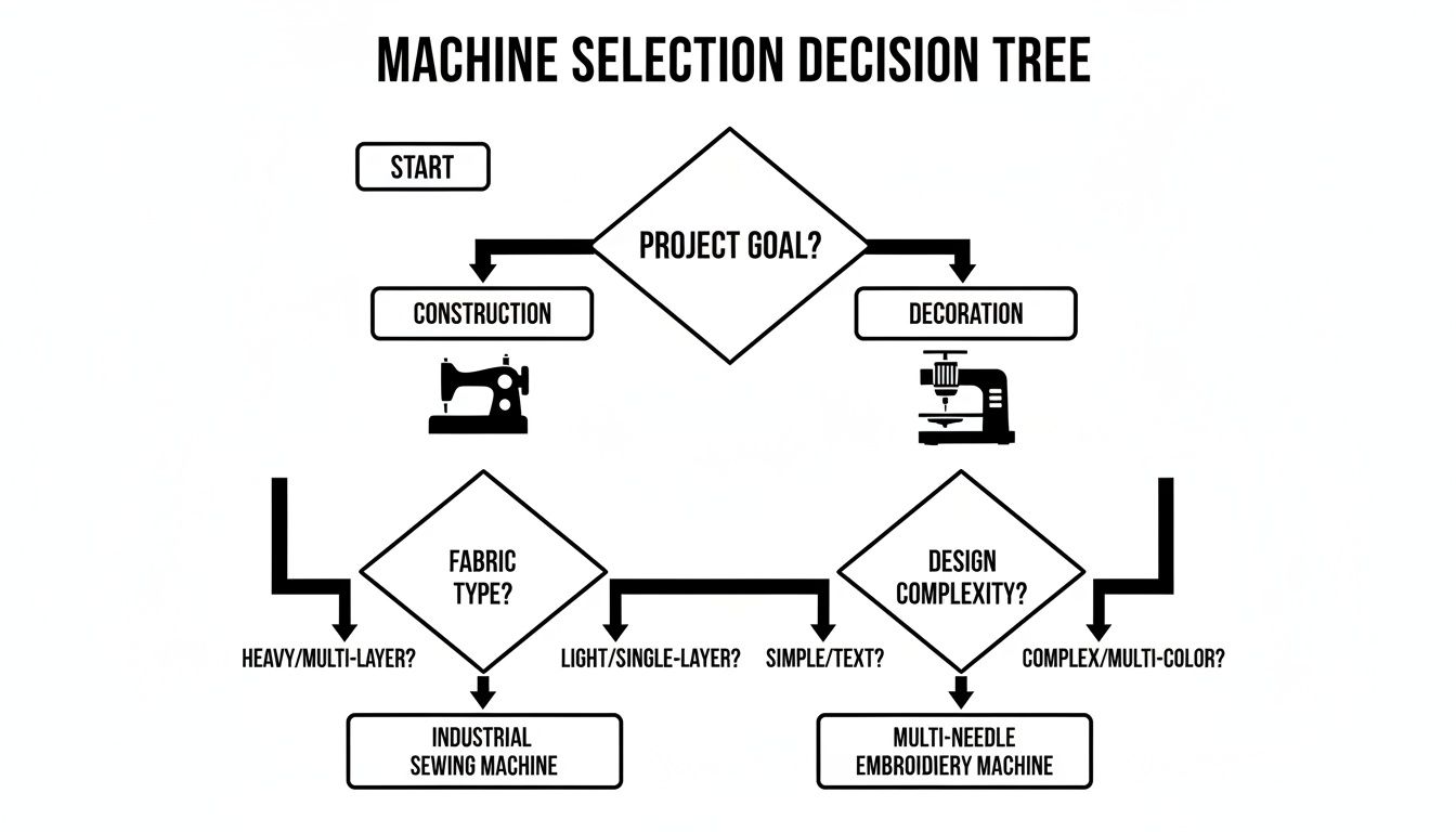 Decision tree for selecting industrial sewing or multi-needle embroidery machines based on project goal and design complexity.
