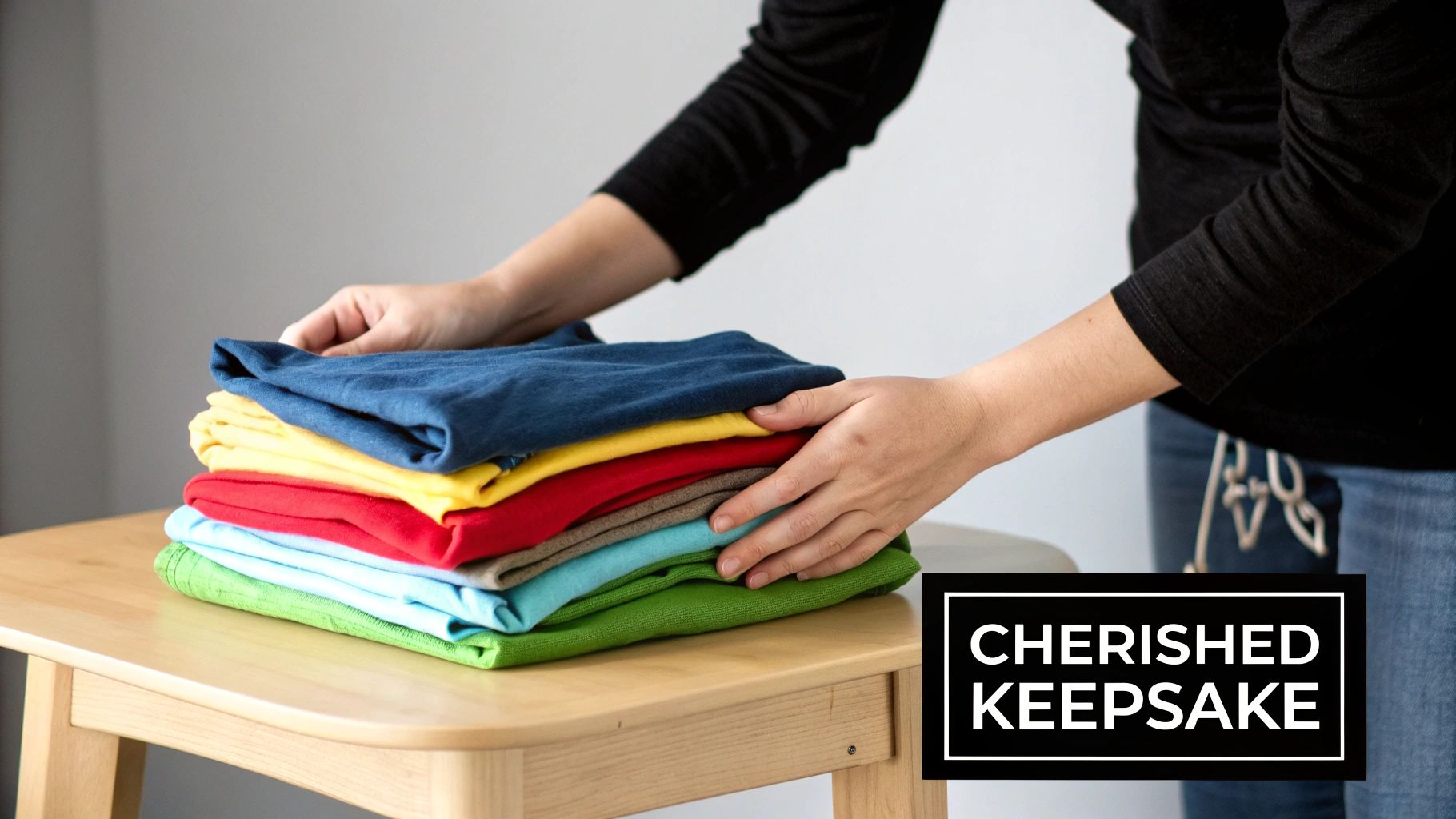 Person organizing colorful folded t-shirts on wooden table for memory blanket project