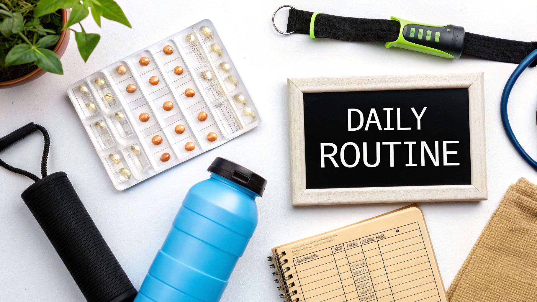 Flat lay of health and wellness items including a 'DAILY ROUTINE' sign, pills, water bottle, and exercise band.