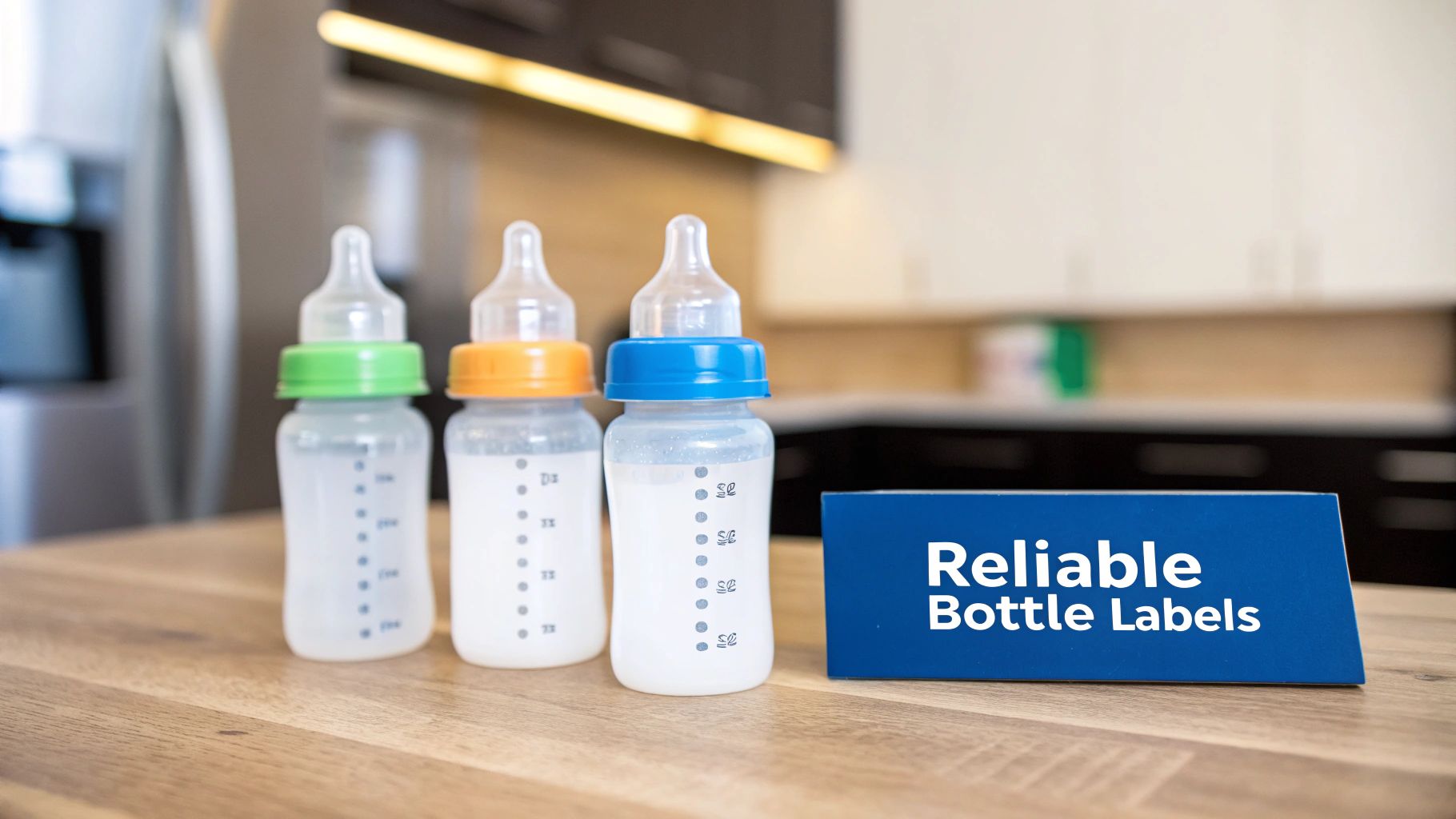 Three baby bottles with colorful caps stand on a wooden table next to a blue sign advertising 'Reliable Bottle Labels'.