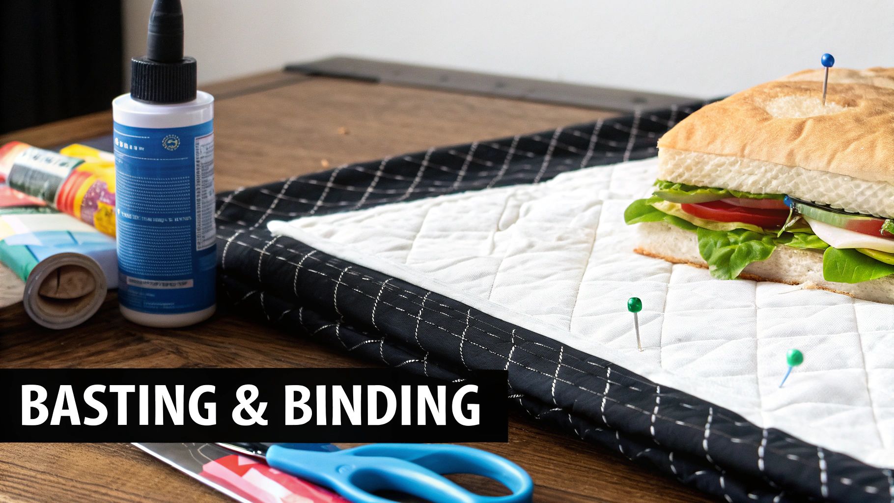 Quilting supplies including basting glue, scissors, and pinned fabric, with 'BASTING & BINDING' text.