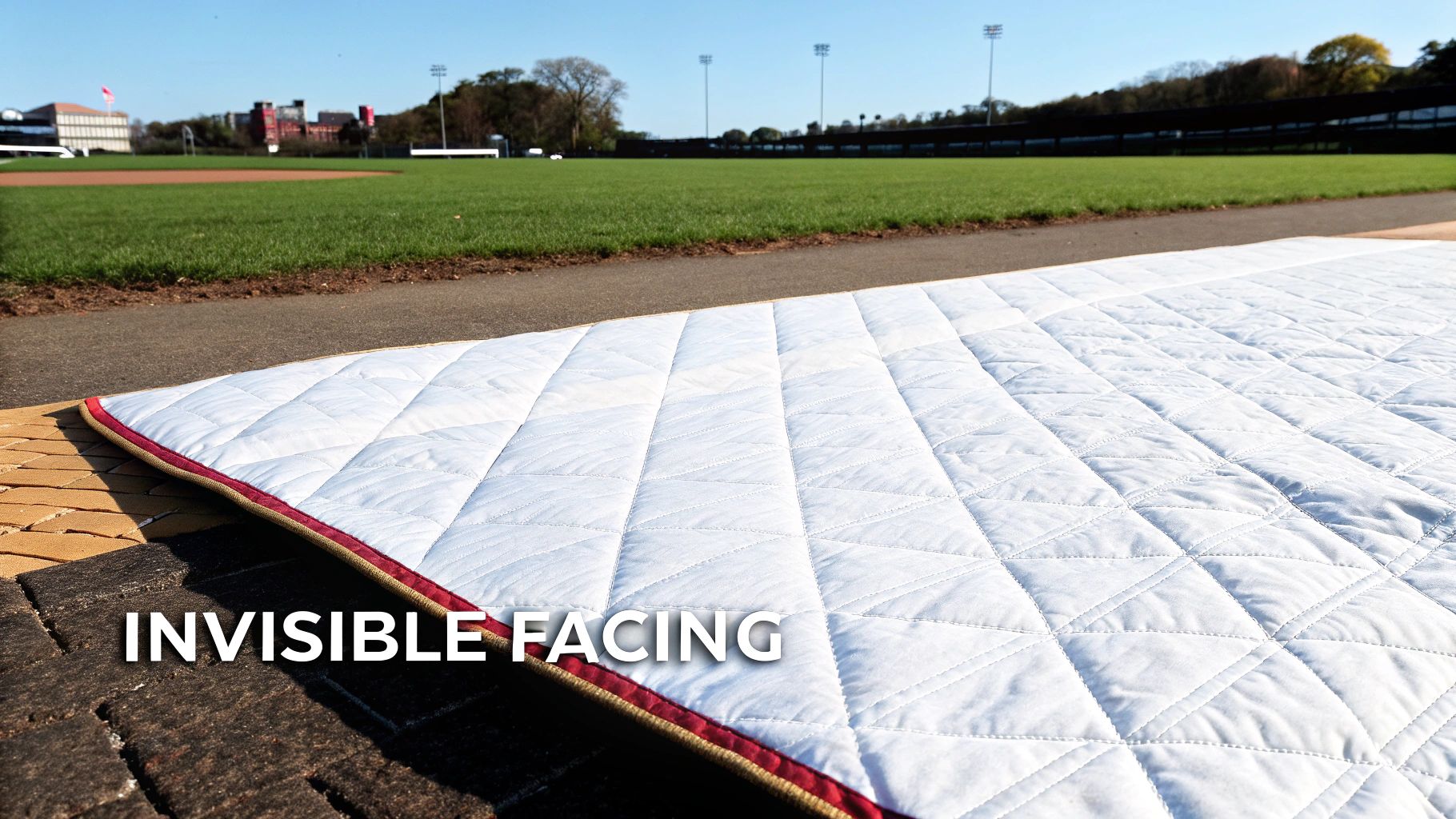A white quilted blanket with red and brown edging lies on a path beside a baseball field.