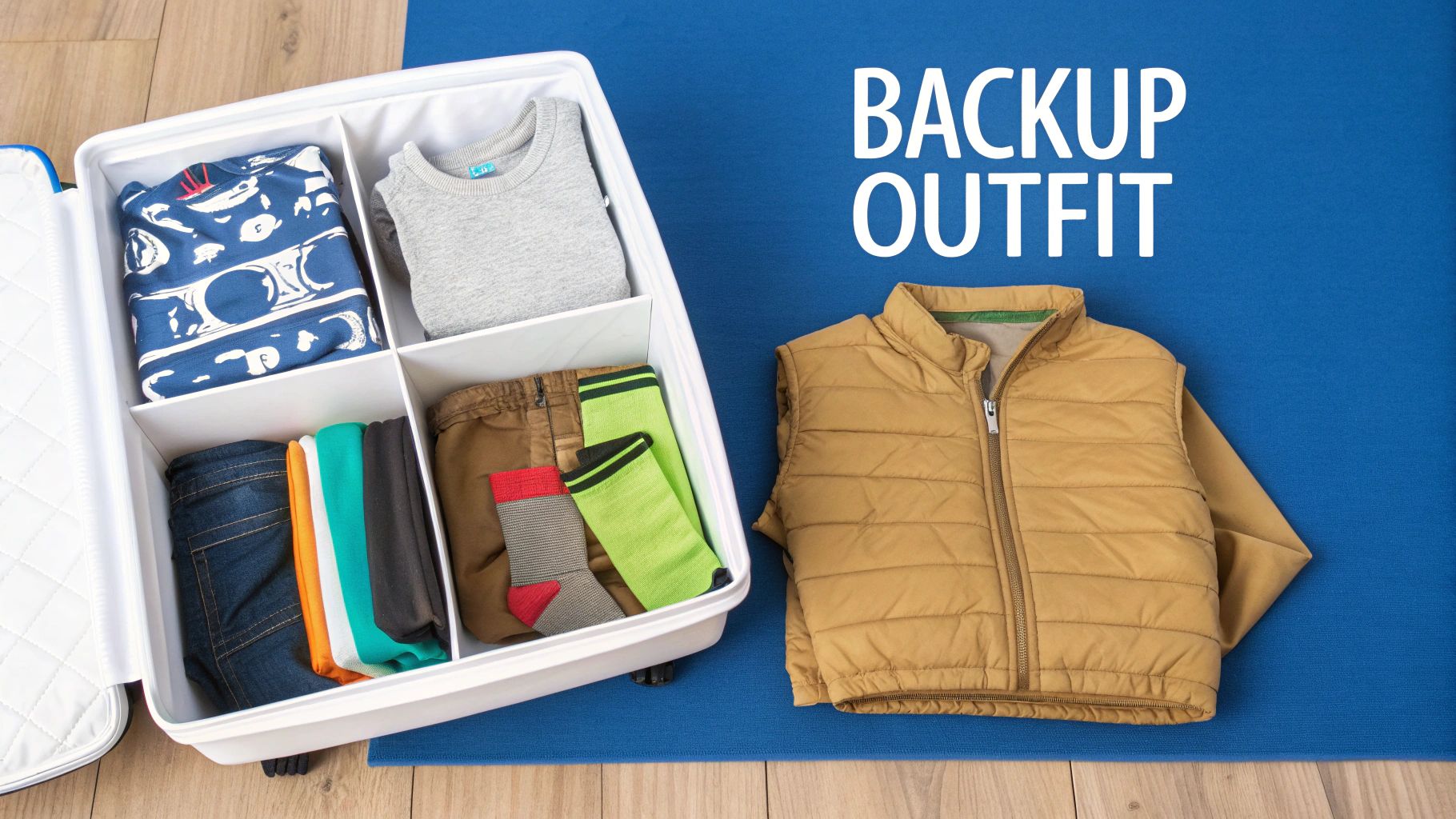 A white suitcase with neatly organized kids' clothing inside, and a yellow backup outfit on a blue mat.