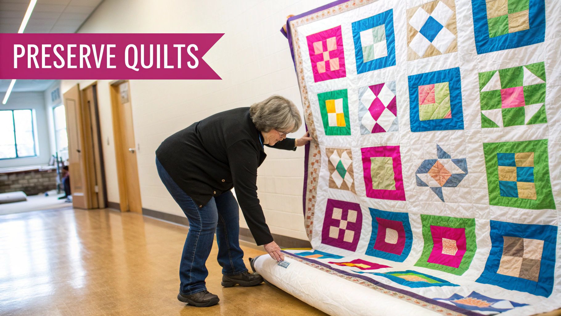 A quilt hangs on a wall in a well-lit room, away from direct sunlight, showcasing proper preservation techniques.