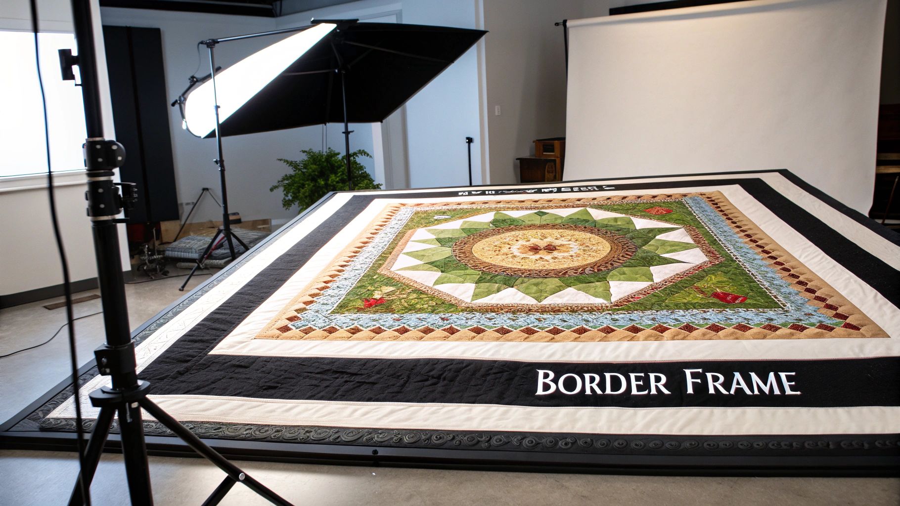 A large, colorful quilt with intricate patterns and 'BORDER FRAME' text, set up in a photography studio with lights.