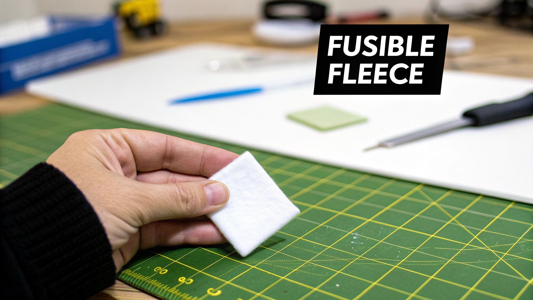 A hand holds a small piece of white fusible fleece over a green cutting mat.