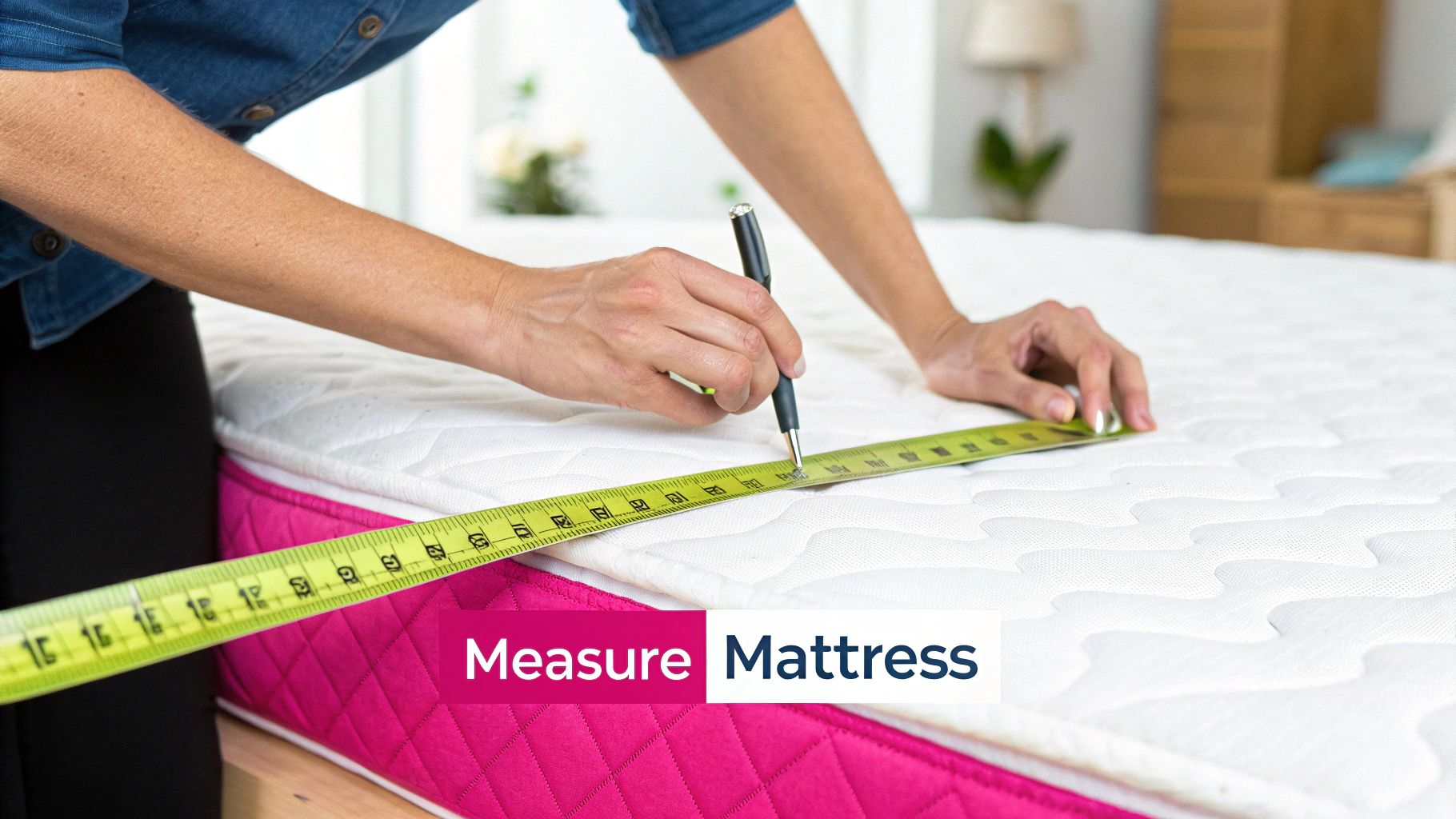 A person is carefully measuring the dimensions of a white and pink mattress with a tape measure and pen.