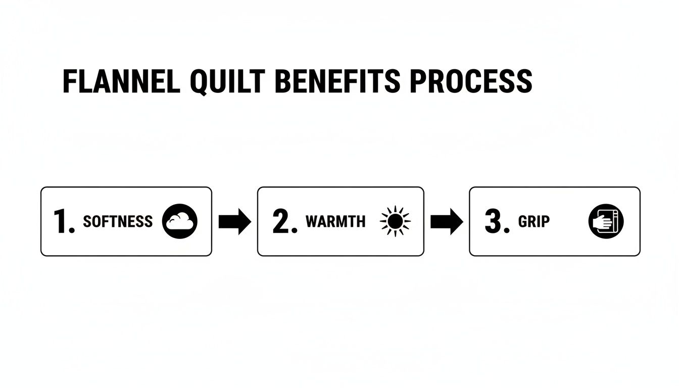 A diagram illustrating the benefits process of a flannel quilt, highlighting softness, warmth, and grip.