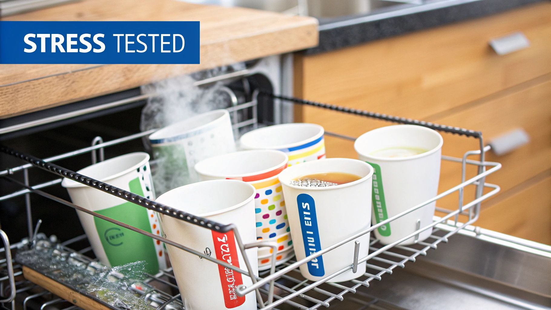 Paper cups with various labels are being 'stress tested' in a steaming dishwasher rack.