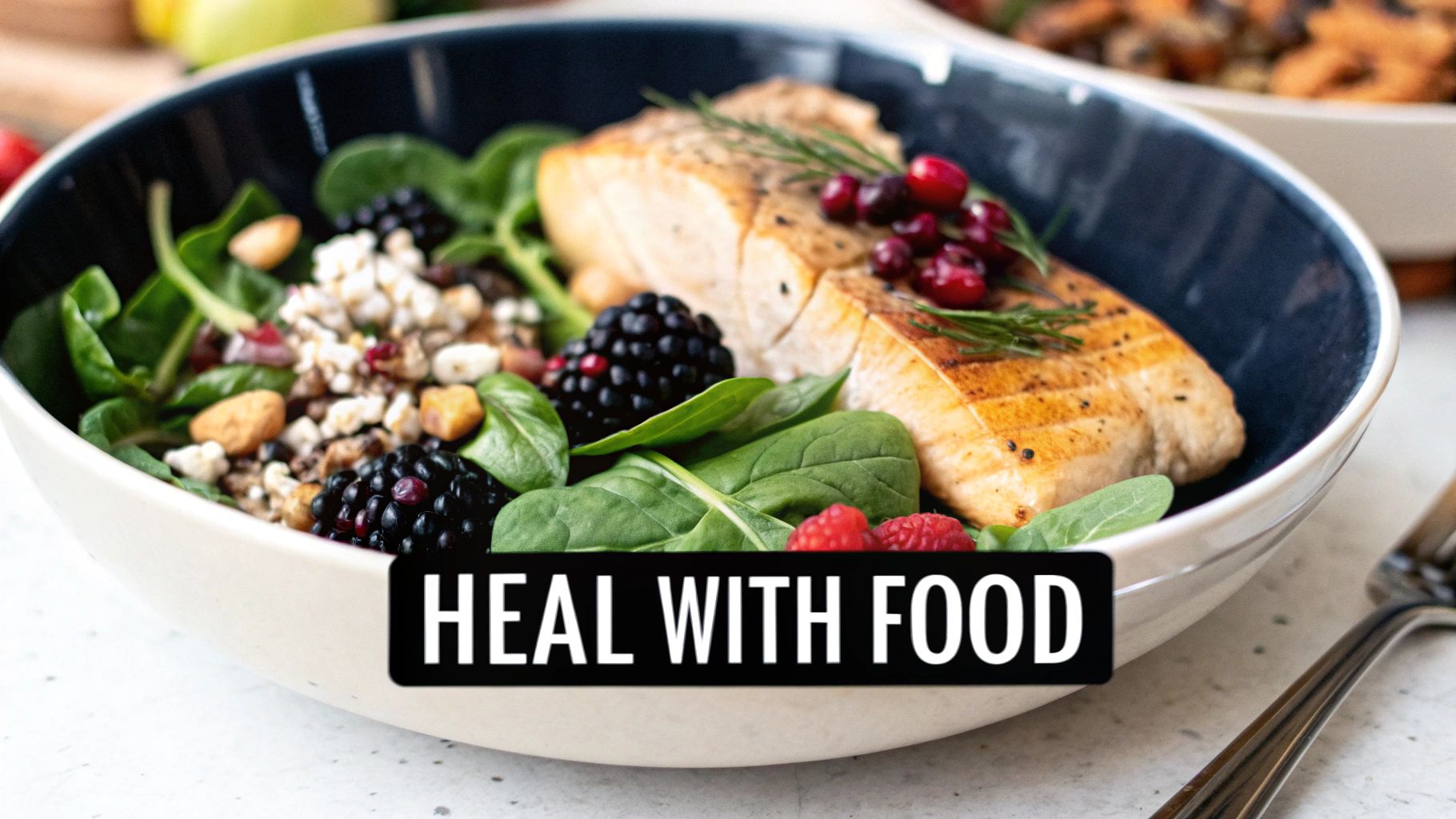 A healthy meal featuring grilled salmon, fresh spinach, mixed berries, and nuts in a deep blue bowl.