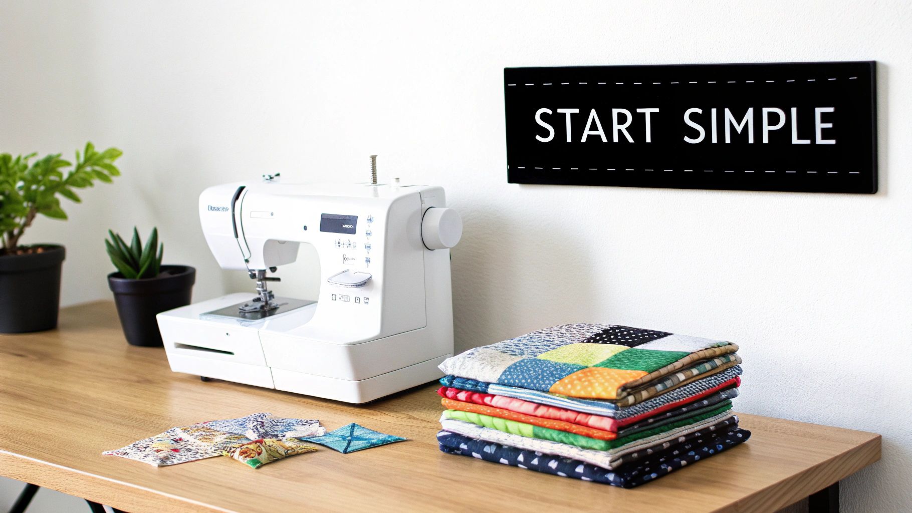 A sewing machine, potted plants, and colorful quilted fabric on a wooden desk with a 'START SIMPLE' sign.