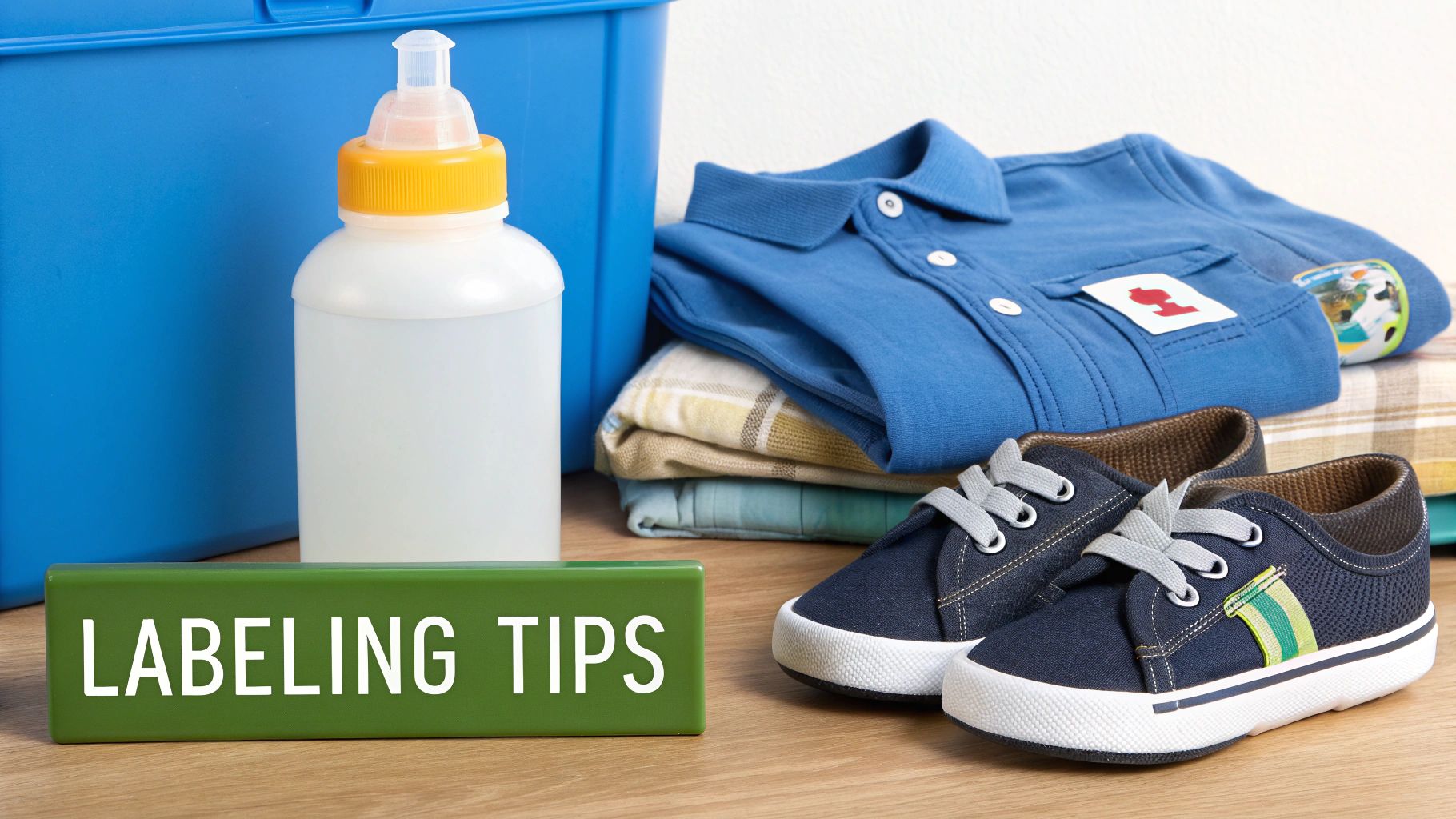 Children's clothes, shoes, a bottle, and a blue bin with a 'LABELING TIPS' sign on a wooden surface.