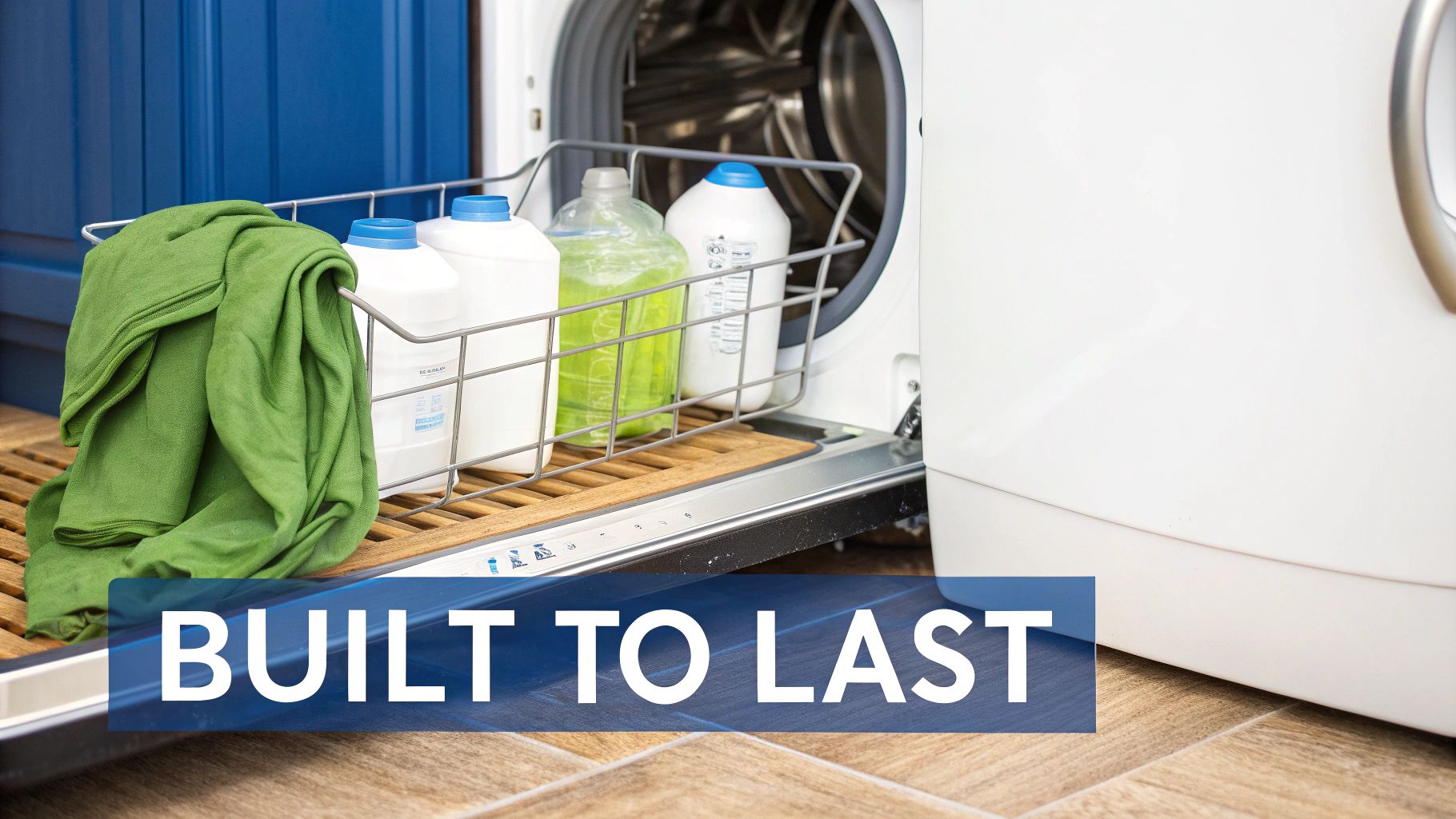 Laundry detergents and a green towel stored in a pull-out drawer beneath a washing machine.