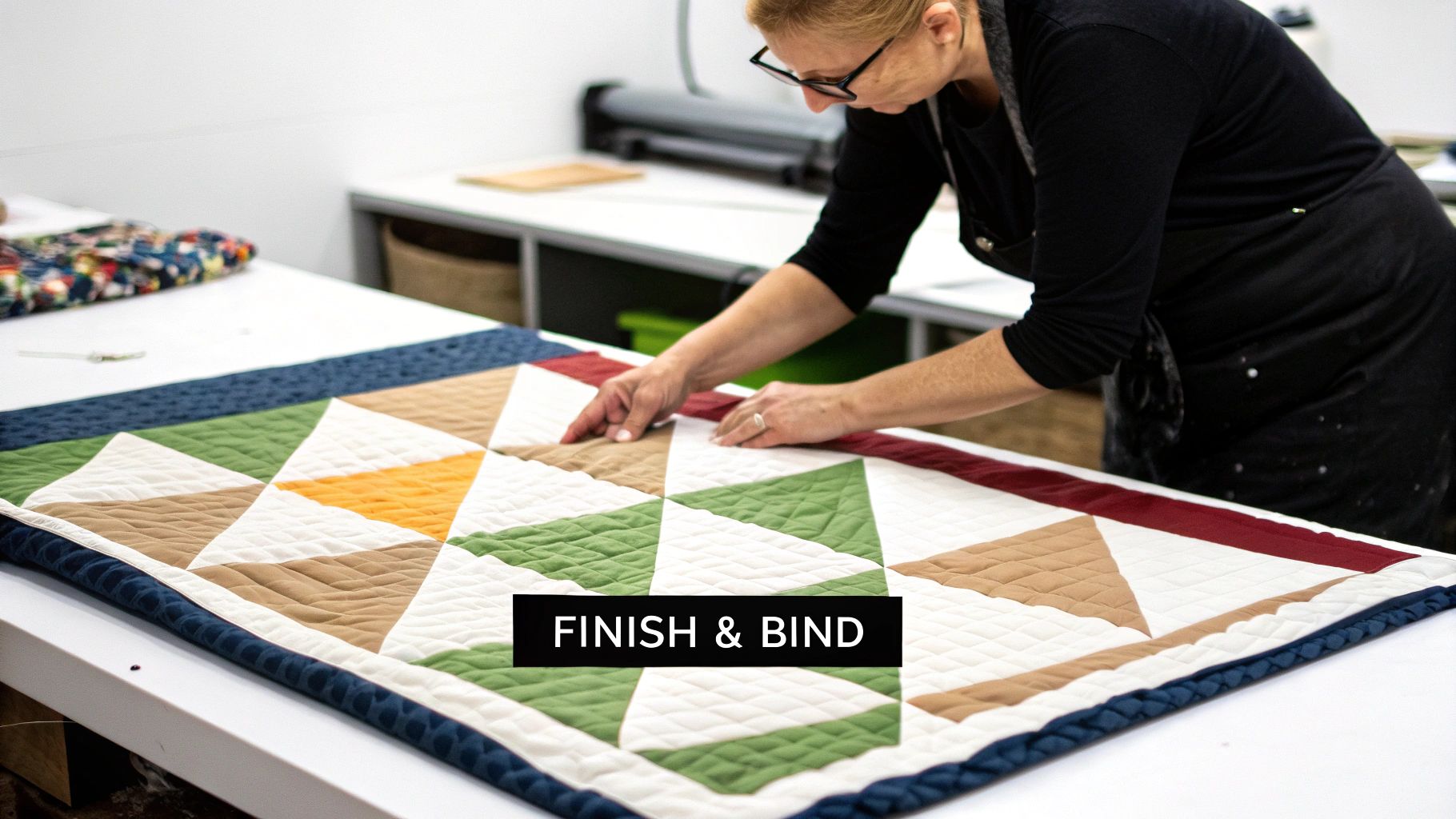 A woman finishes and binds a colorful geometric patchwork quilt with a dark blue border.