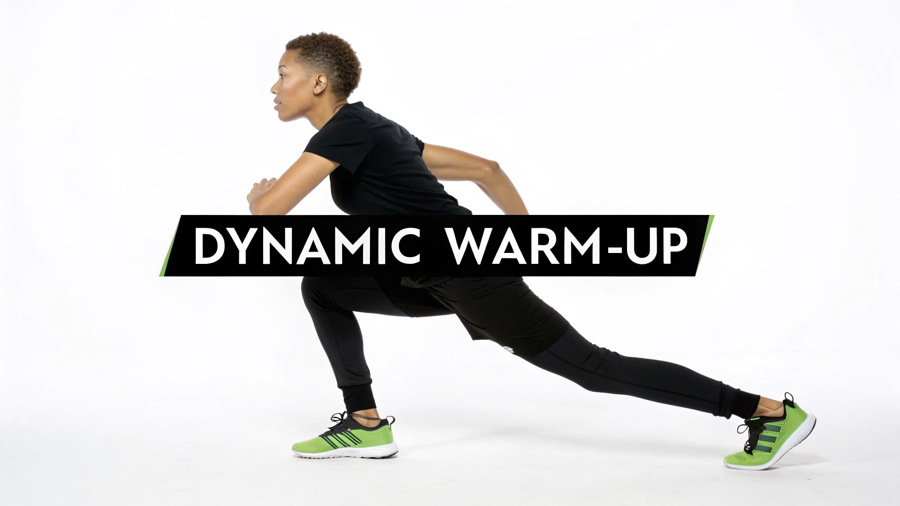 Woman in black athletic gear and green shoes performing a dynamic lunge on a white background.