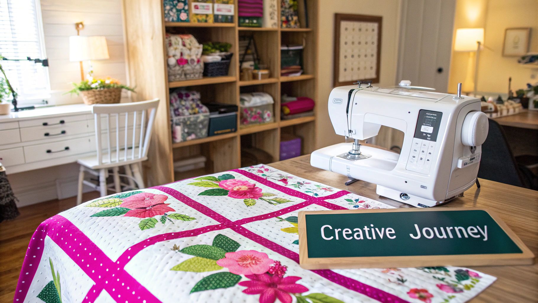 A beautiful and intricate machine embroidered quilt with floral patterns displayed on a bed.