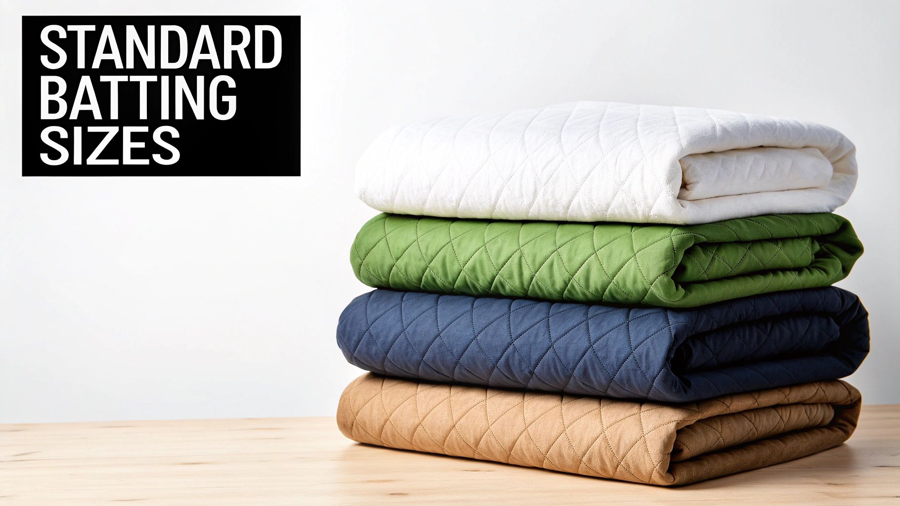 A stack of four neatly folded, quilted batting blankets in white, green, blue, and tan on a wooden surface, with 'STANDARD BATTING SIZES' text.
