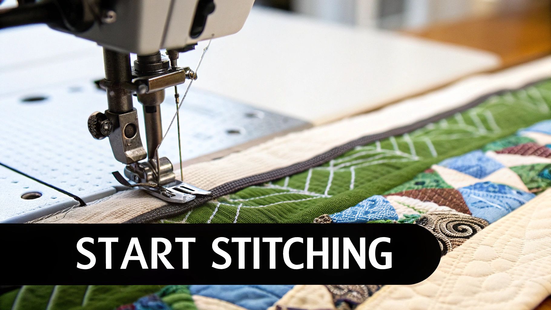 Close-up of a sewing machine stitching a vibrant, patterned quilt, with 'START STITCHING' text.
