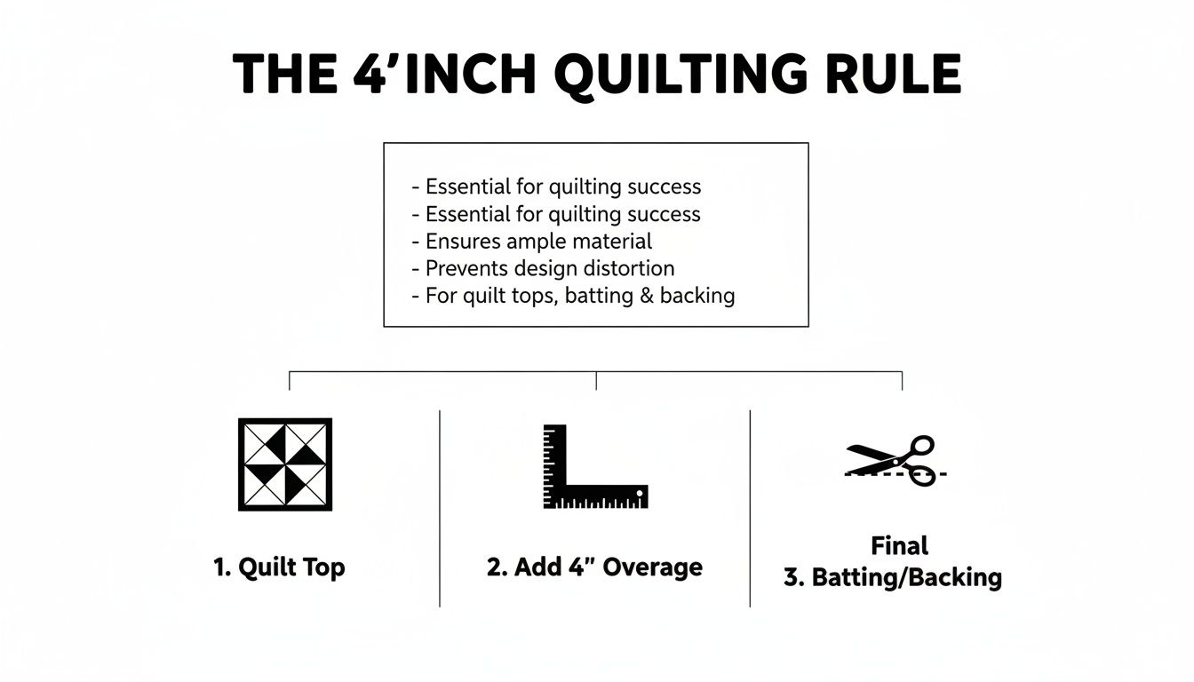 A diagram explaining the 4-inch quilting rule, outlining benefits and steps for quilt tops, adding overage, and final batting and backing.