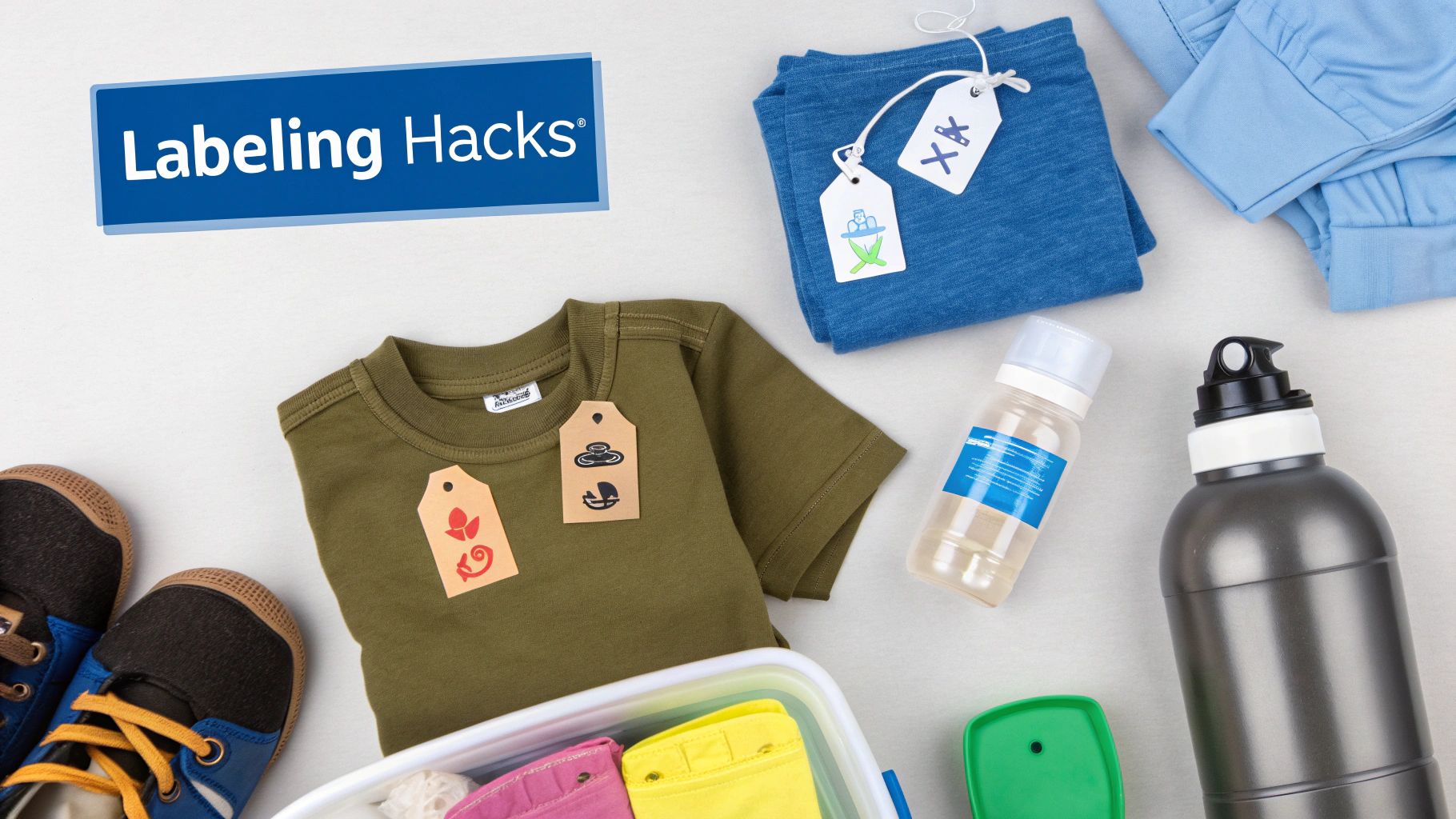 A flat lay showing various labeled items like clothes, shoes, and bottles, ideal for daycare organization.