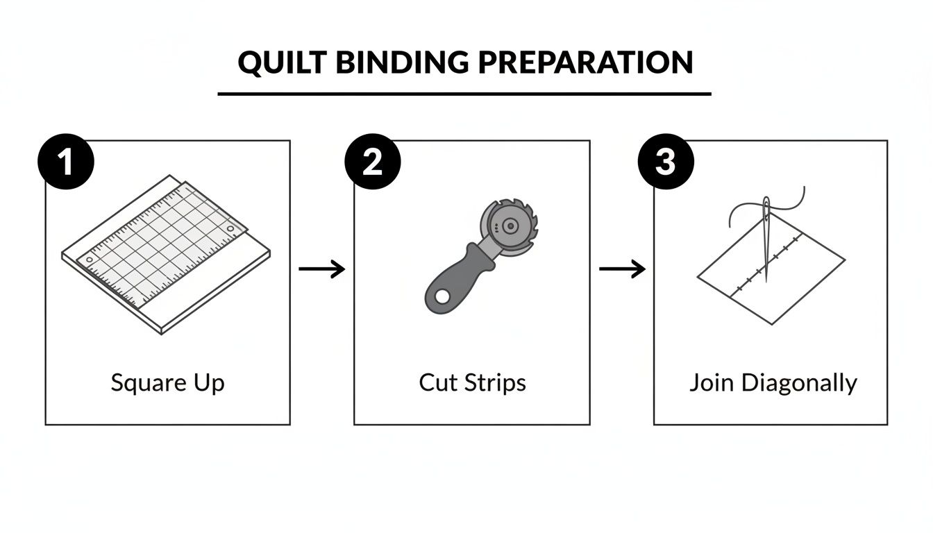 Three steps for quilt binding preparation: squaring fabric, cutting strips with a rotary cutter, and diagonally joining pieces.