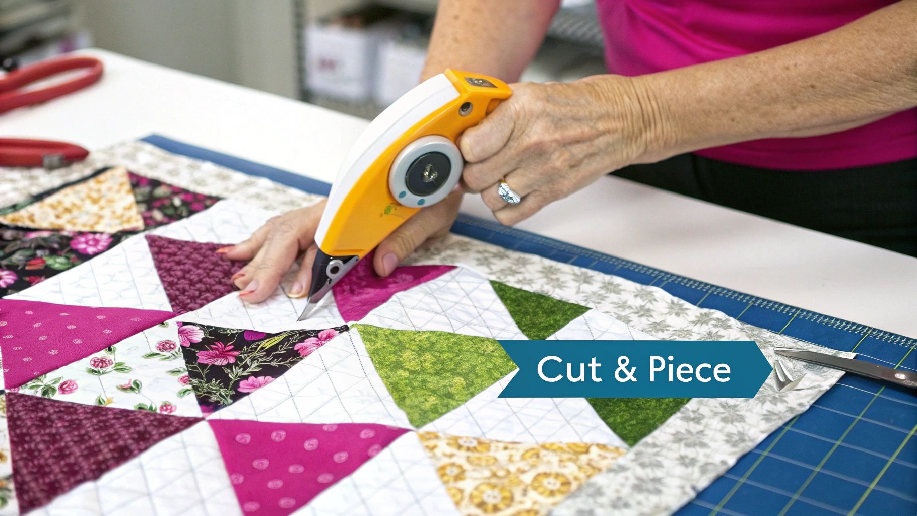 A quilter arranging colorful quilt blocks on a large white surface to plan the final layout.