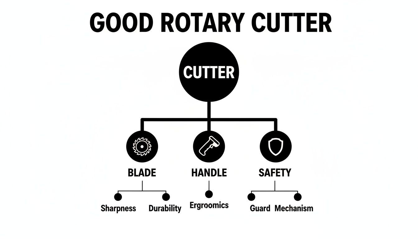 A diagram outlining the essential components and features of a good rotary cutter: blade, handle, and safety.