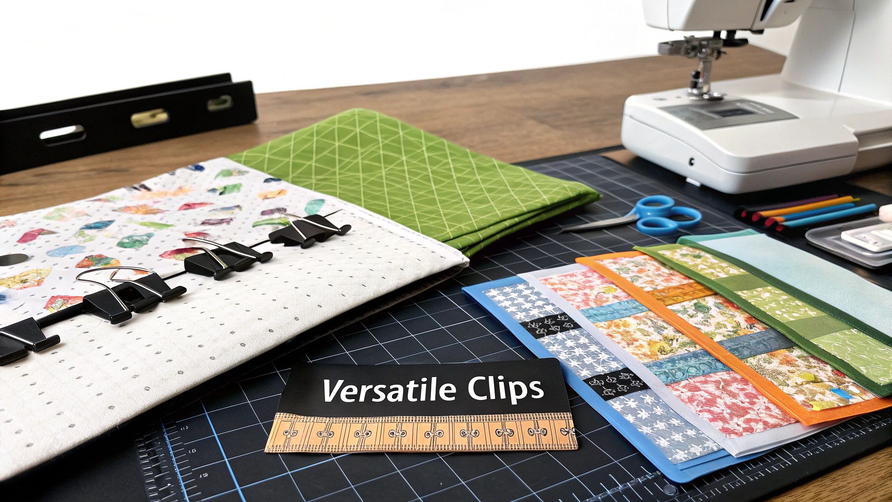 A crafting workspace with patterned fabrics held by versatile binder clips, a sewing machine, and tools.