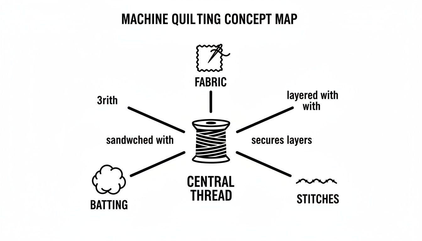 Machine quilting concept map illustrating the role of central thread with fabric, batting, and stitches.