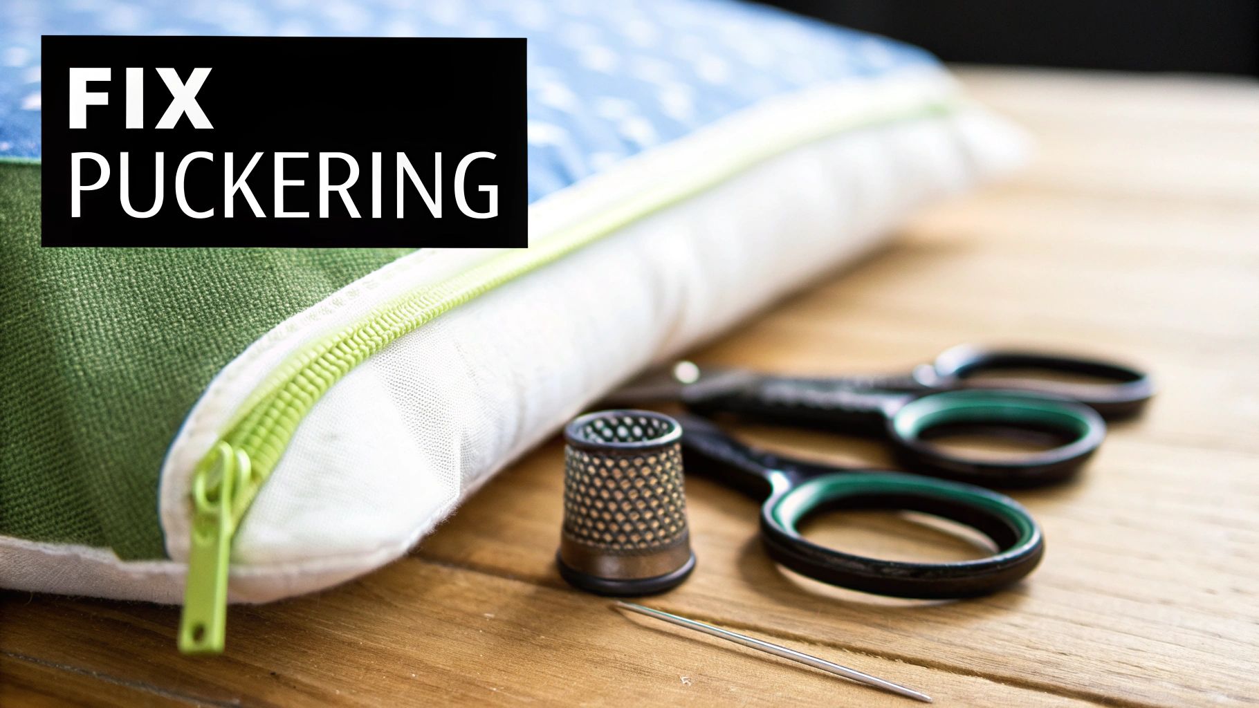 A sewing project featuring a green zipper, thimble, needle, and scissors on a wooden surface. Text: FIX PUCKERING.