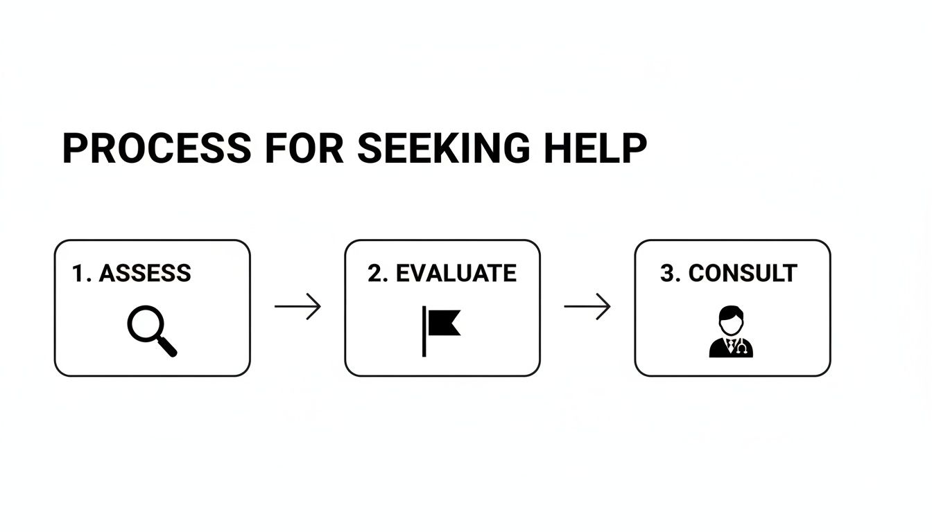 Flowchart detailing the process for seeking help: Assess, Evaluate, and Consult steps.