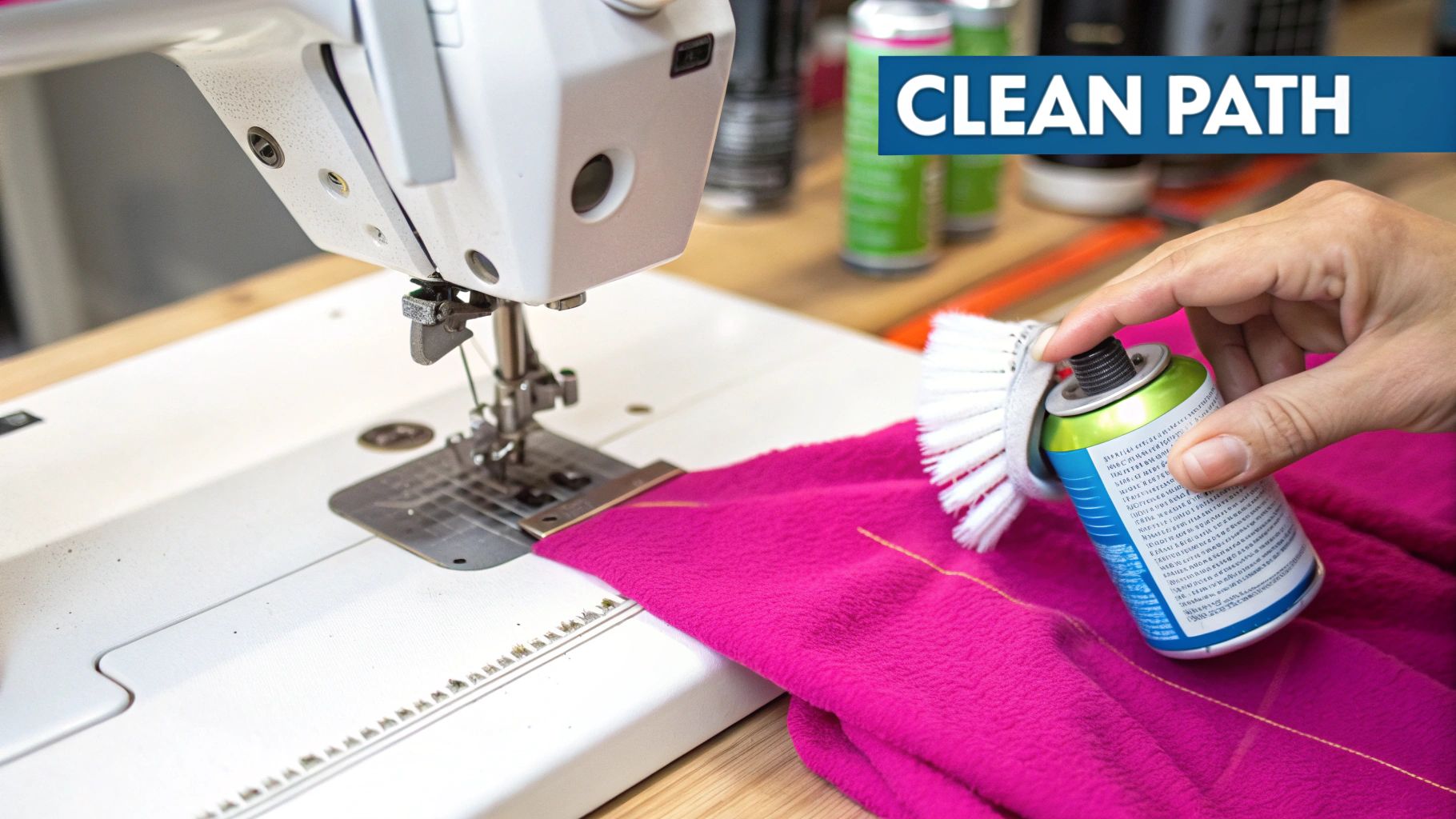 A person carefully cleaning the thread guide path of a sewing machine with a small brush.