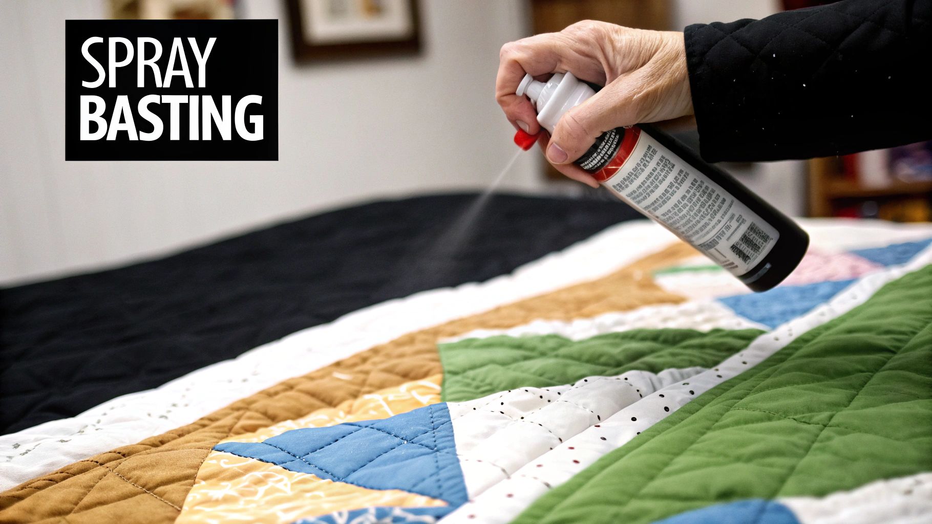 A quilter using spray baste to adhere quilt layers together.