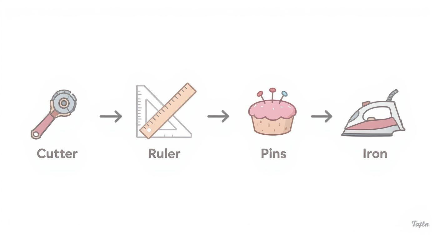 Infographic showing the process flow of using binding tools a rotary cutter, a ruler, pins, and an iron.