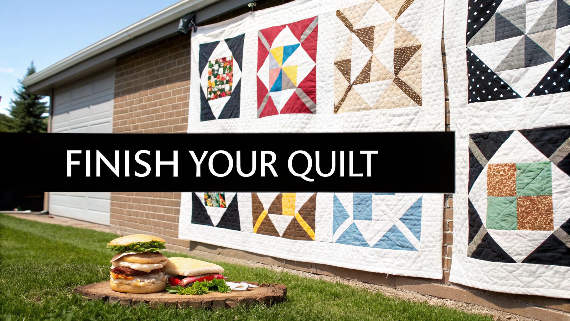Quilted blocks hang on a brick wall with a burger and sandwich on a log, featuring 'FINISH YOUR QUILT' text.