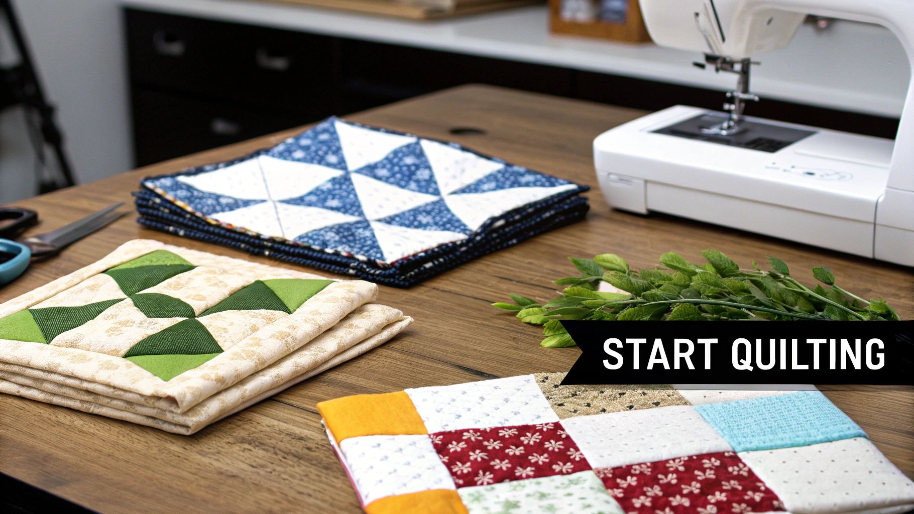 Various quilted items, including blue, green, and colorful patchwork blocks, on a wooden table with a sewing machine.